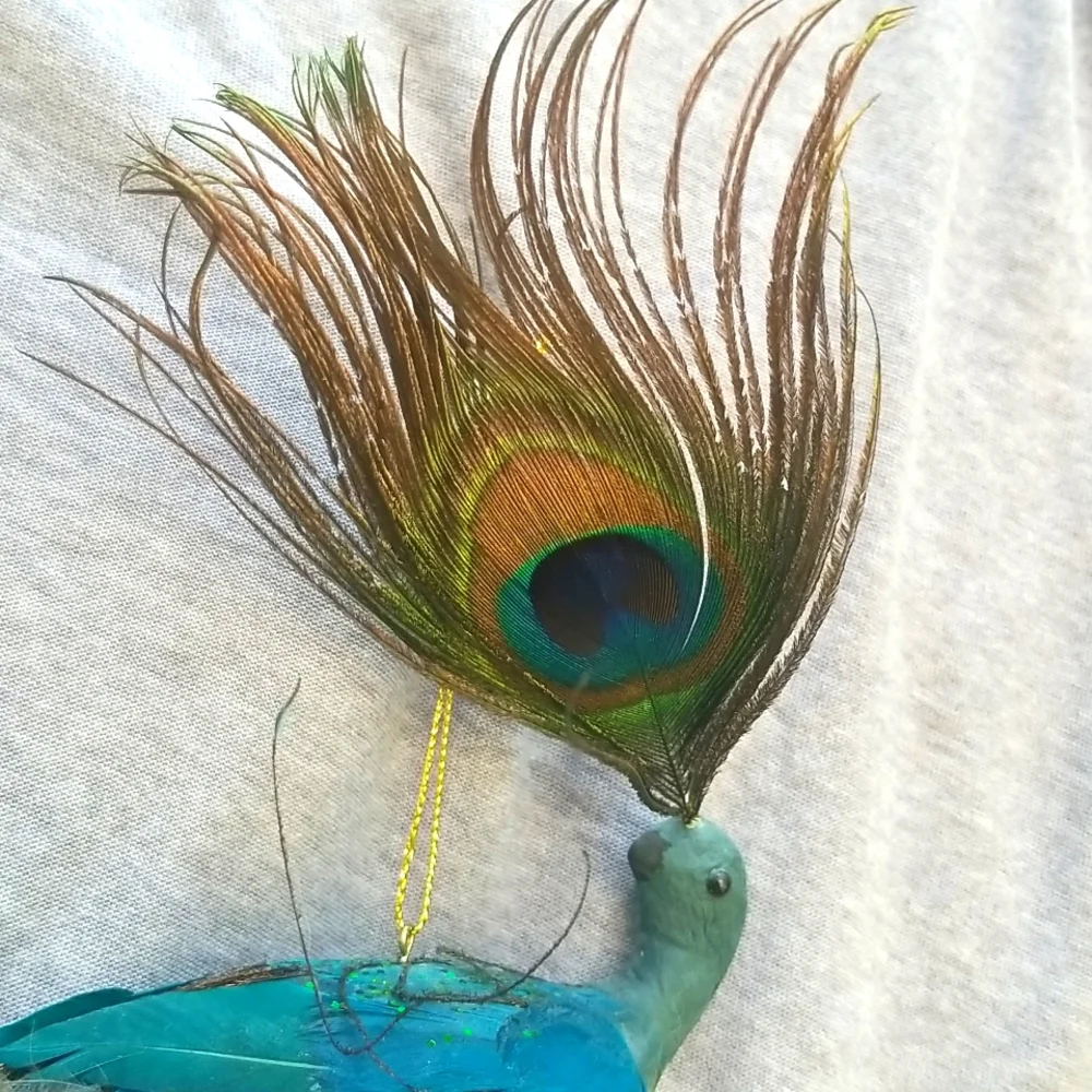 Peacock Figurine With Real Feathers Boho Glam Add On Gift Decor Boho Cottage New